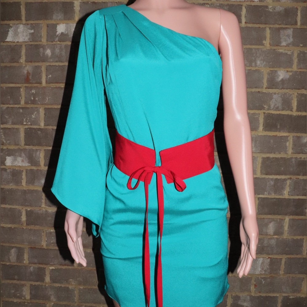 Ark & Co Teal and Red One-Shoulder Dress